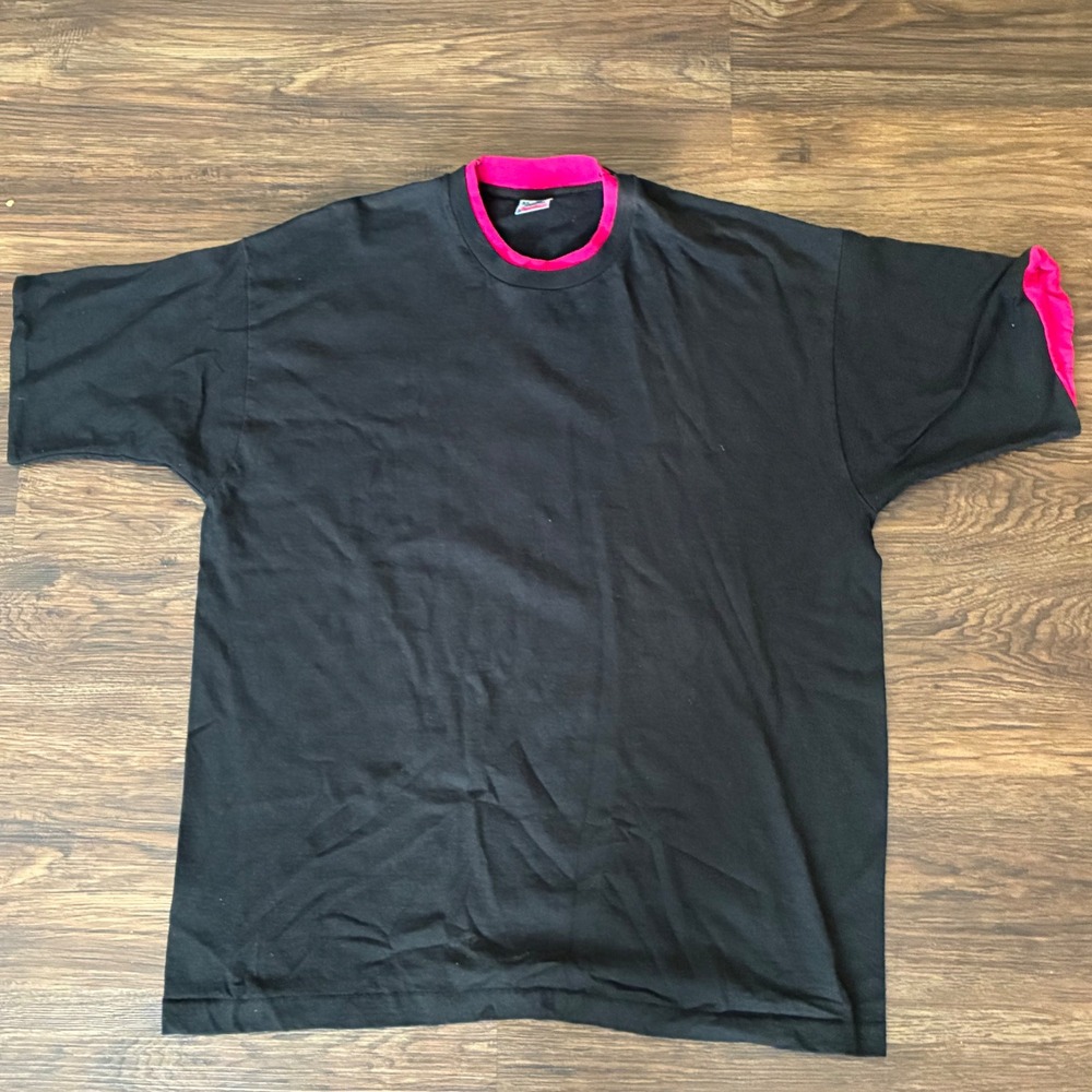 Vintage Double Sleeve Blank Black Pink Single Stitch T-Shirt Size XL USA Made